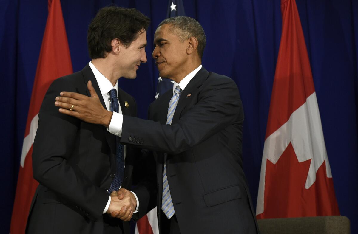 Canadian Prime Minister Justin Trudeau and President Obama shake hands following their bilateral meeting at the Asia-Pacific Economic Cooperation summit in Manila on Thursday.