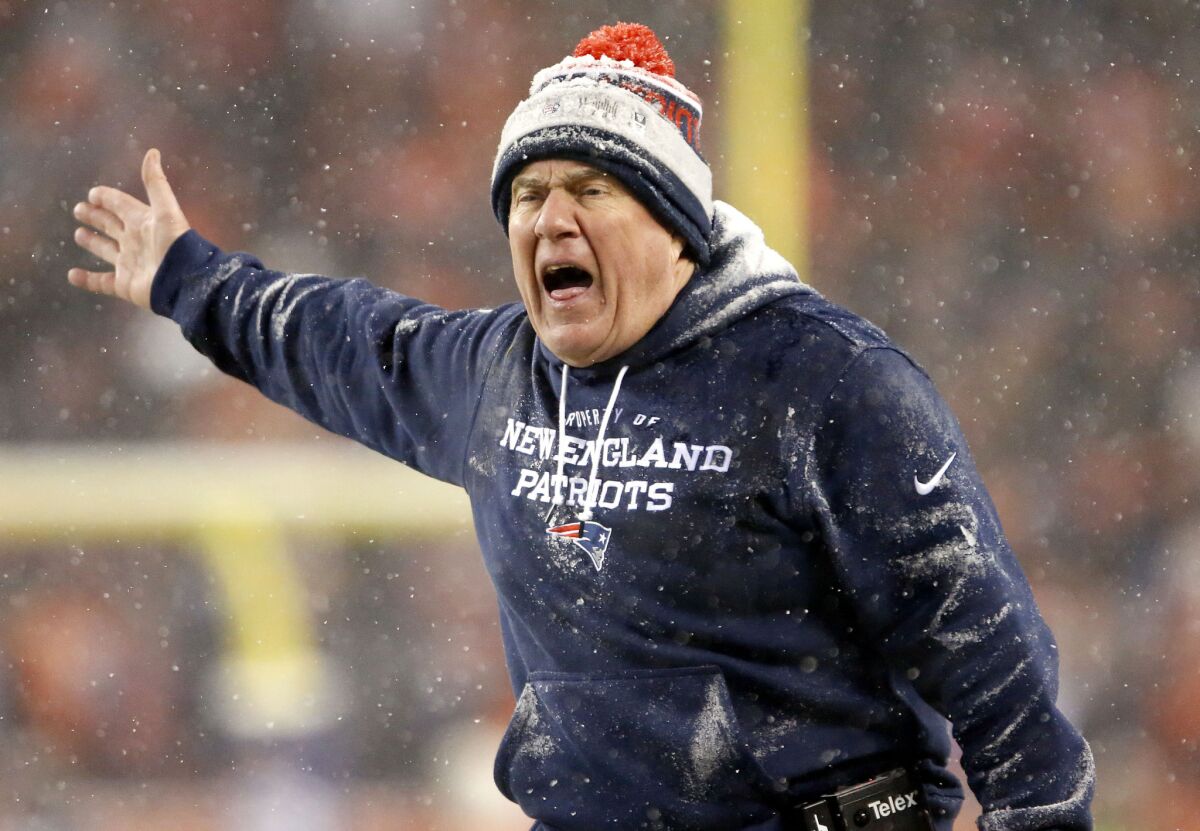 New England Patriots Coach Bill Belichick yells to the officials during the second half of a game against the Denver Broncos on Nov. 29.