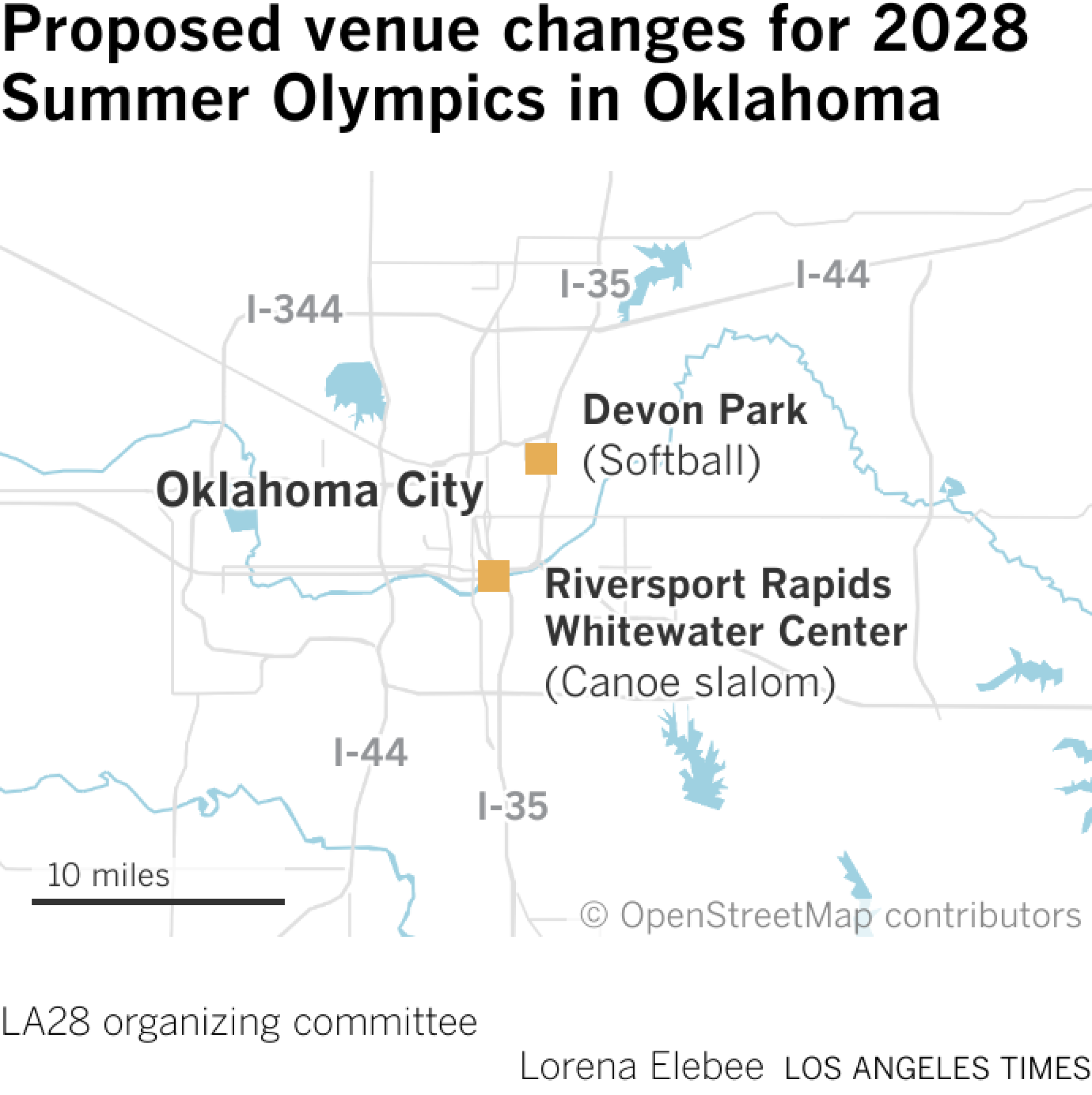 Map showing proposed venue changes for 2028 Summer Olympics in Oklahoma City.