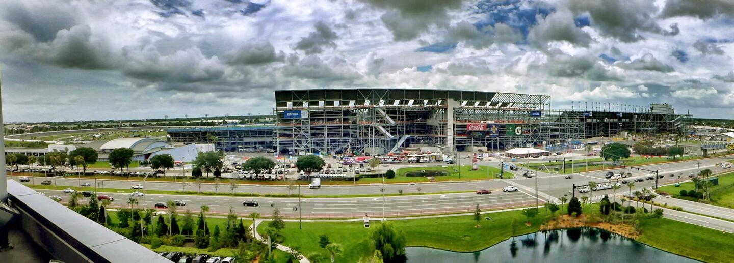 A panoramic view of the DAYTONA Rising speedway expansion, in Daytona Beach, Fla., Wednesday, July 2, 2014. Joie Chitwood, president of Daytona International Speedway led a media tour of the expansion. This image was shot from the top floor of the International Motorsports Center on International Speedway Blvd. (Joe Burbank/Orlando Sentinel) B583841570Z.1