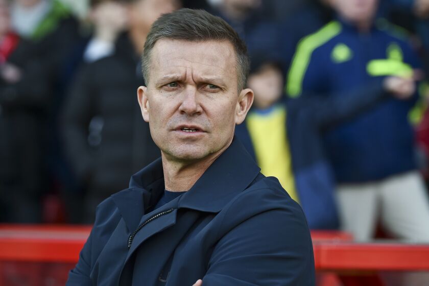 Leeds United's head coach Jesse Marsch looks on prior to the English Premier League soccer match between Nottingham Forest and Leeds United at City Ground stadium in Nottingham, England, Sunday, Feb. 5, 2023. (AP Photo/Rui Vieira)