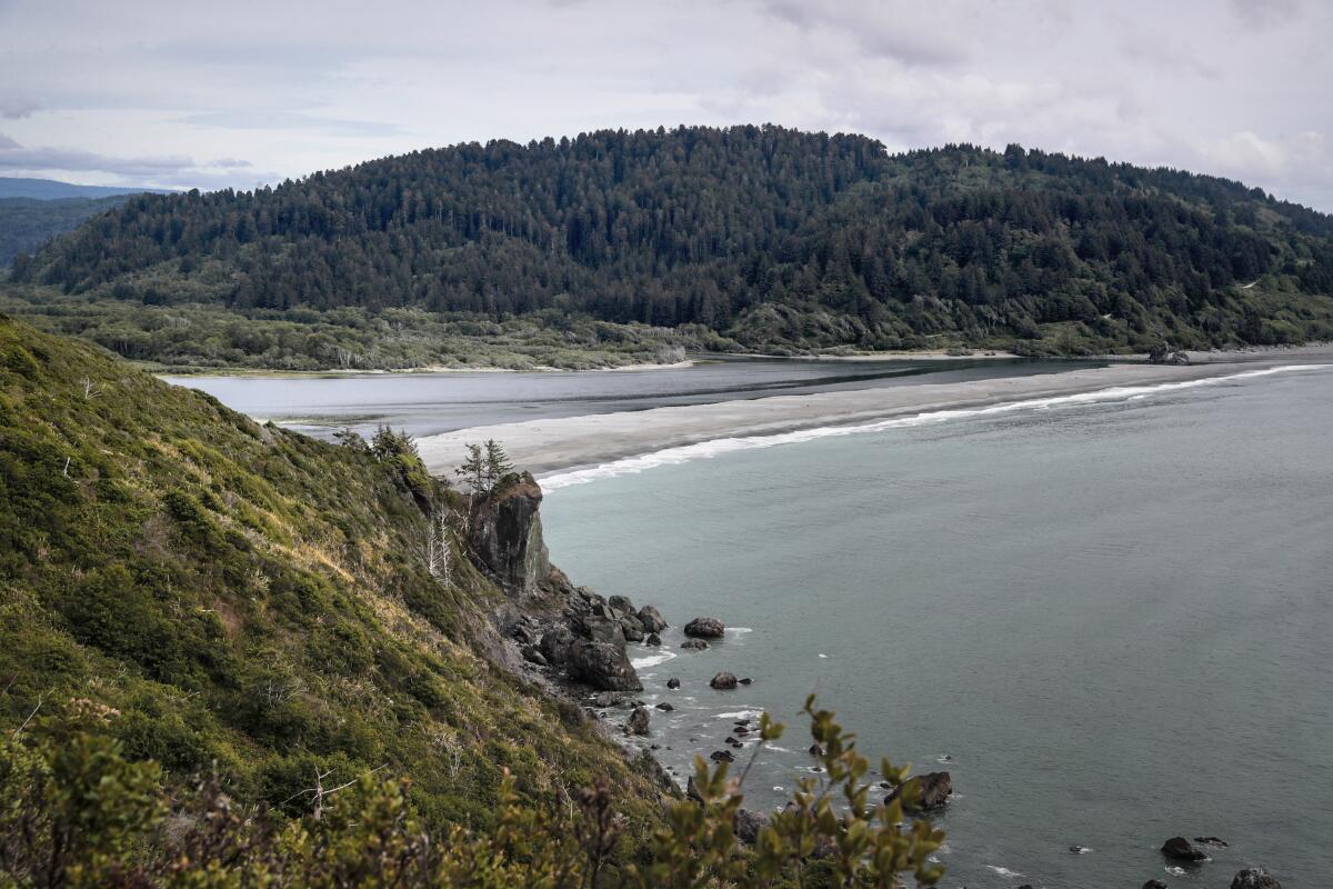 The mouth of the Klamath River where it meets the Pacific Ocean.