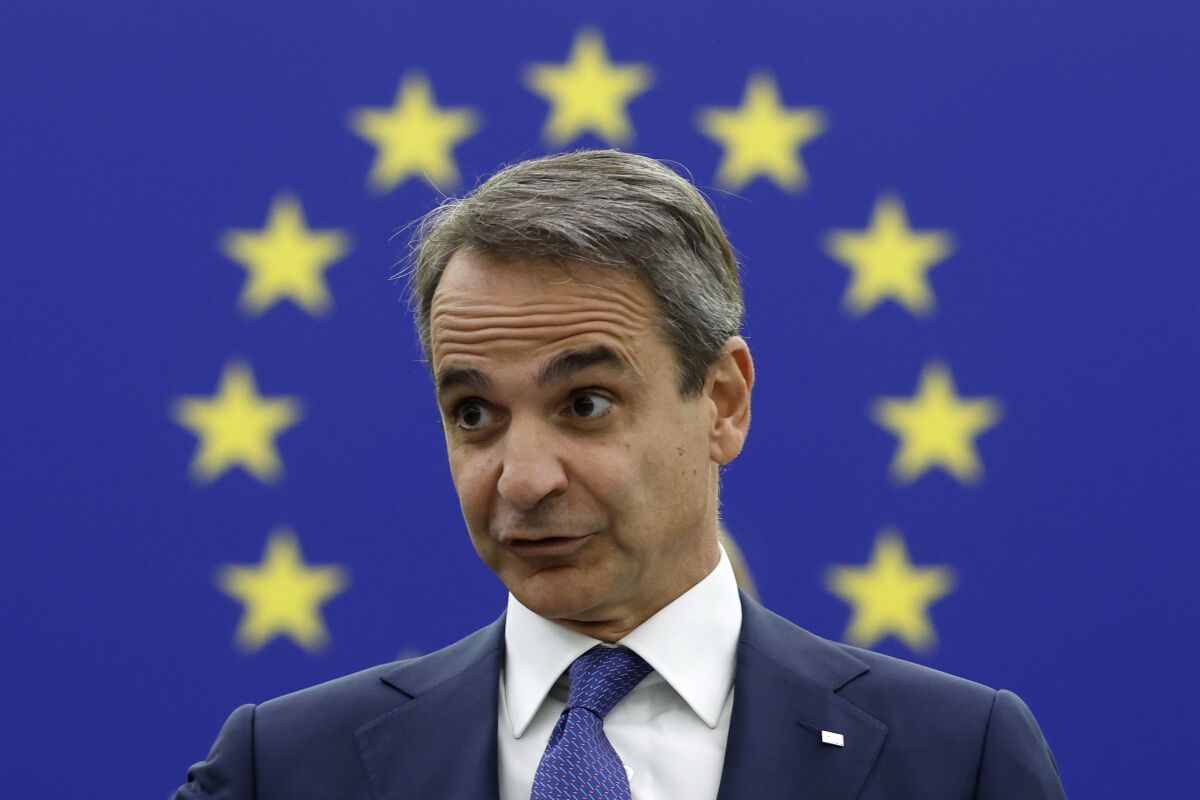 Greek Prime Minister Kyriakos Mitsotakis delivers his speech during a debate at the European Parliament , Tuesday, July 5, 2022 in Strasbourg, eastern France. (AP Photo/Jean-Francois Badias)