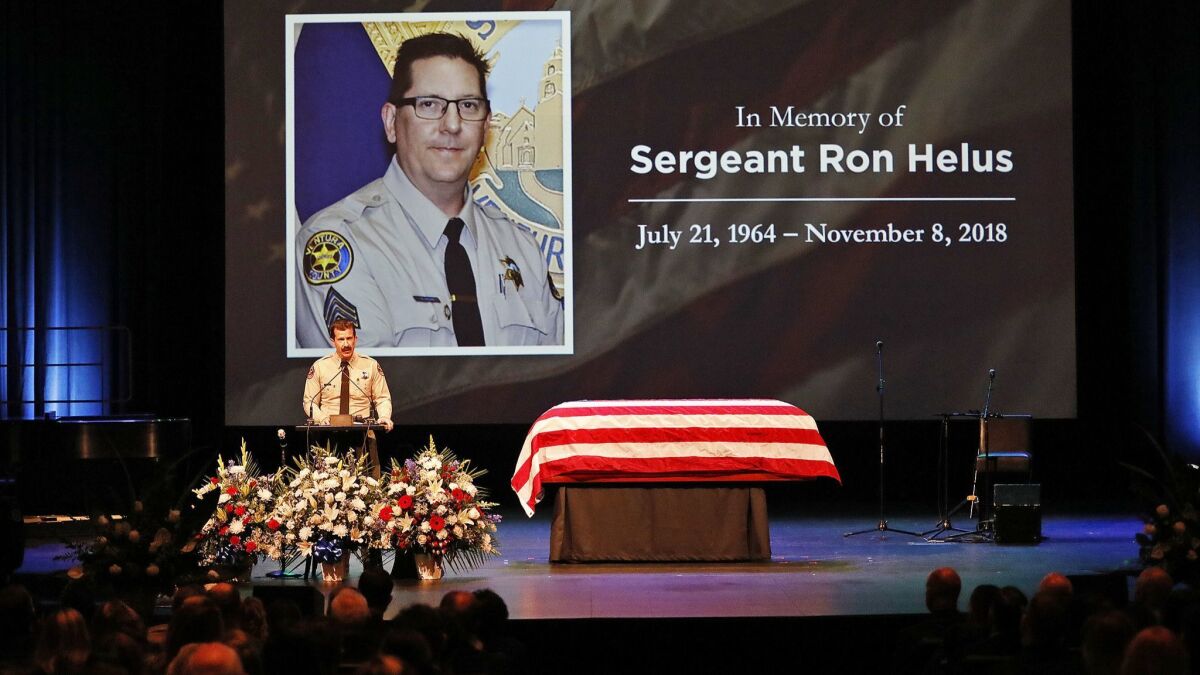 Ventura County Sheriff Bill Ayub speaks during the memorial service for Ventura County sheriff's Sgt. Ron Helus at Calvary Community Church in Westlake Village.