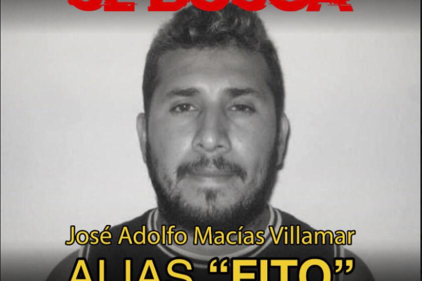 This wanted poster posted on Tuesday, Jan. 9, 2024 on X formerly known as Twitter, by Ecuador's Ministry of Interior, shows José Adolfo Macías Villamar, leader of Los Choneros gang. Macías was discovered missing on Sunday from a Guayaquil prison cell where he was serving a 34-year sentence for drug trafficking. Also known by the alias “Fito,” Macías is on the country's most wanted list and a reward is being offered for information that helps find his whereabouts. (Ecuador's Ministry of Interior via AP)