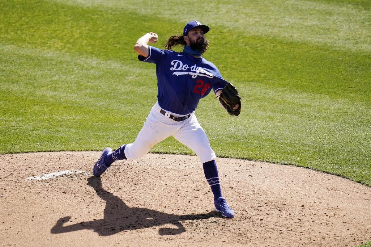 Tony Gonsolin  pitches against the San Diego Padres in spring training on March 6.