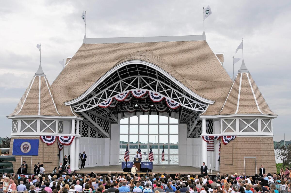 President Obama speaks about the economy at the Lake Harriet Bandshell in Minneapolis.