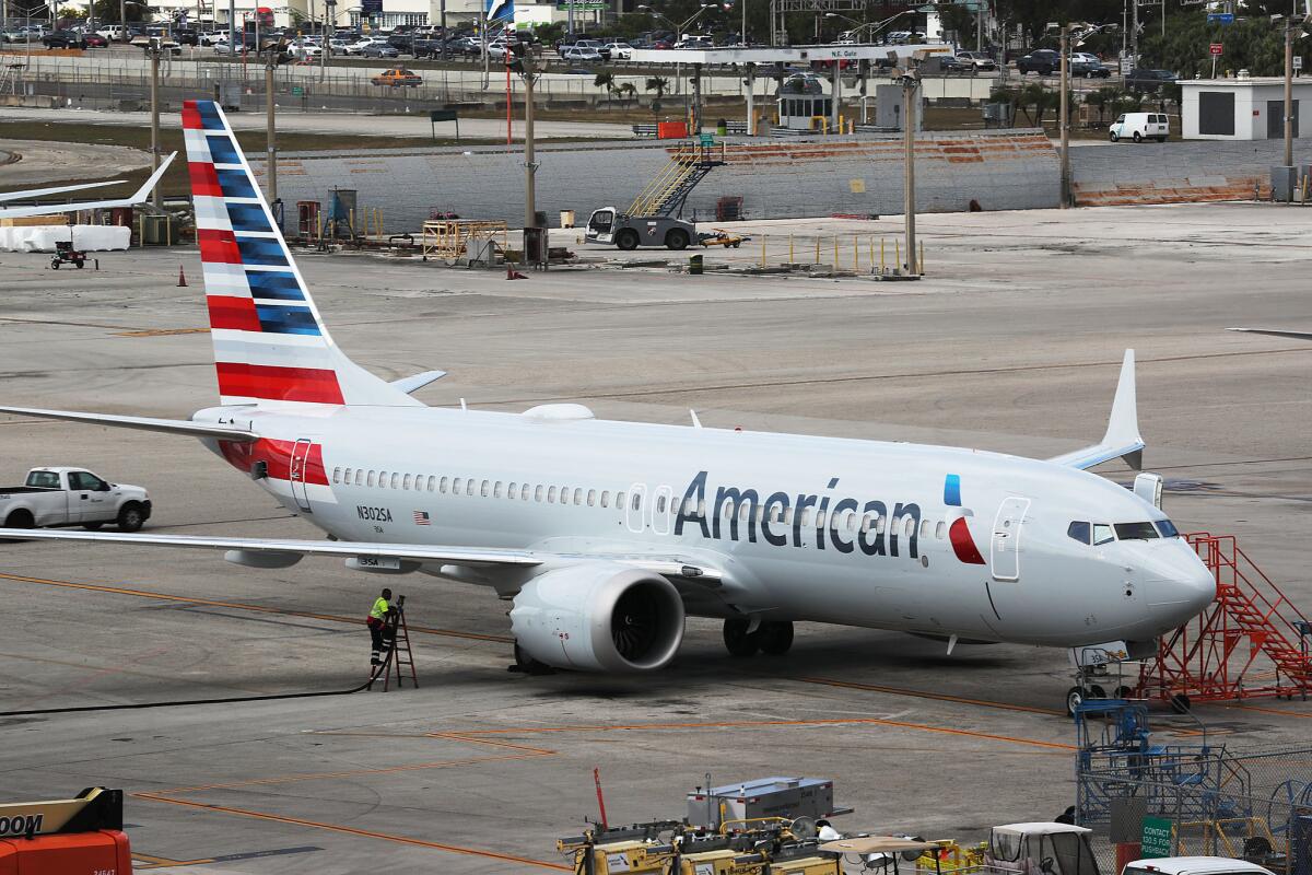 A grounded American Airlines Boeing 737 Max 8 is parked at Miami International Airport on March 14 in Miami.