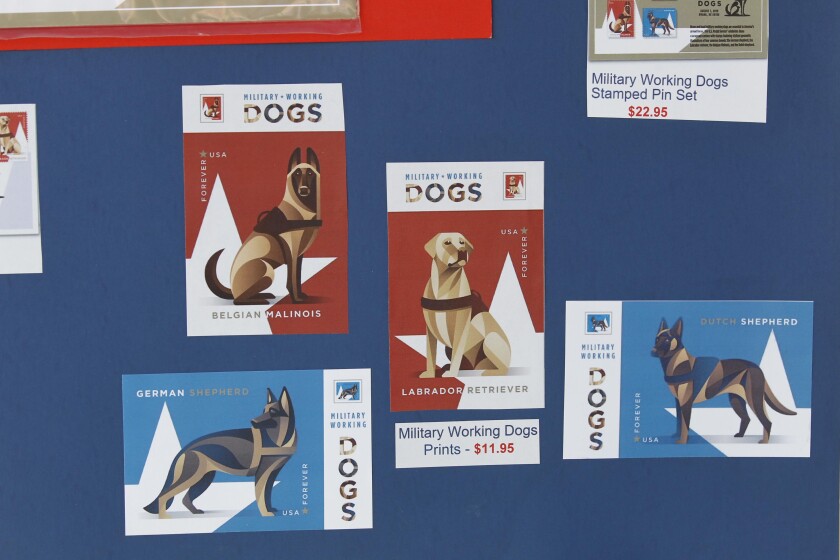 A set of Forever stamps bearing pictures of military working dogs