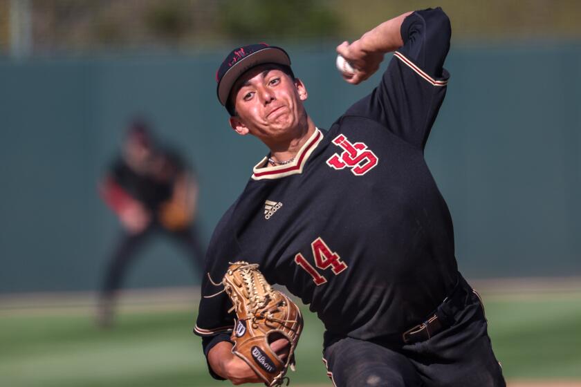 Encino, CA, Tuesday, March 23, 2021 - JSerra Catholic pitcher Gage Jump delivers a pitch against Harvard Westlake at O'Malley Family Field. (Robert Gauthier/Los Angeles Times)