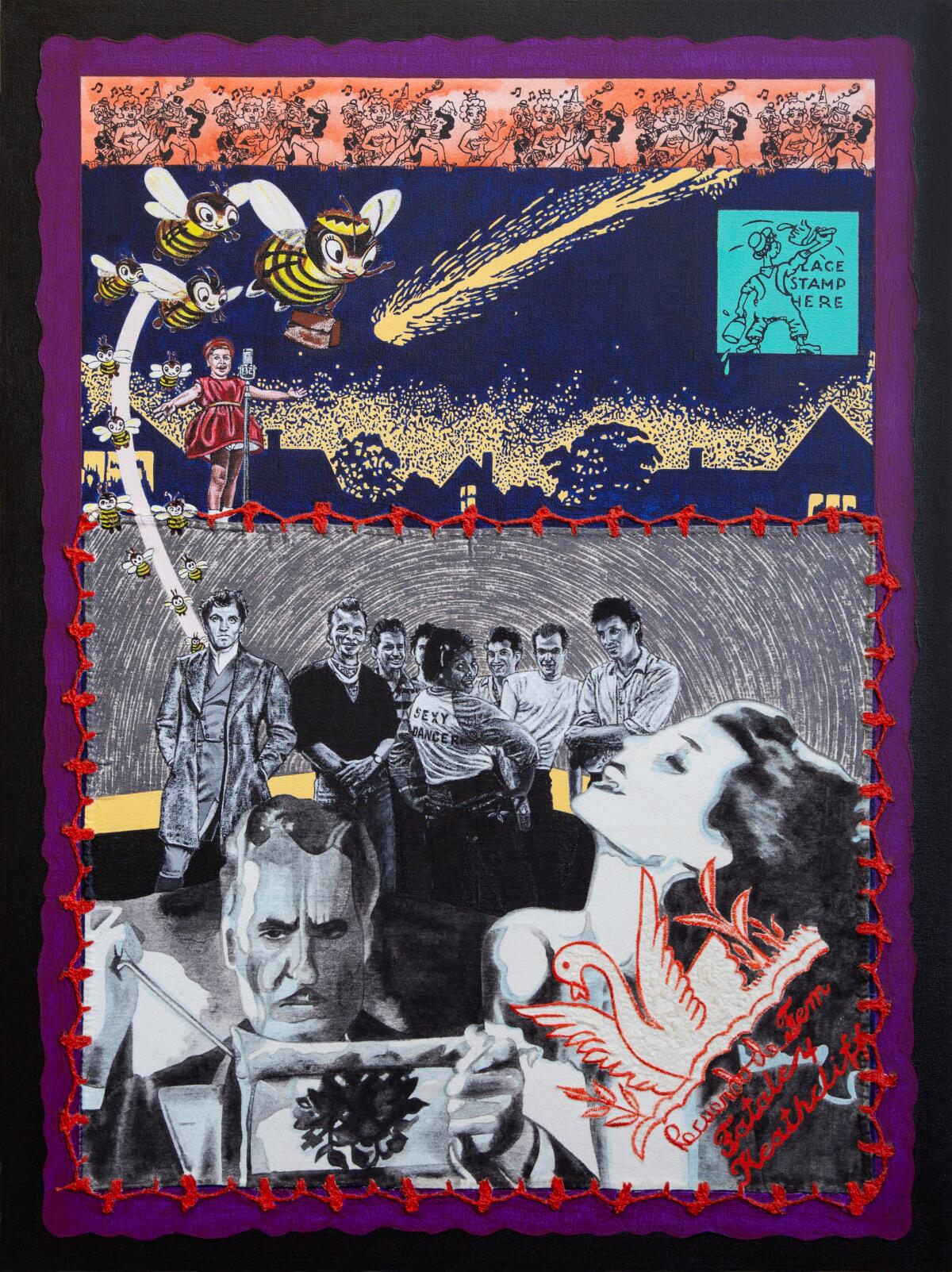 "Souvenir," 1999, acrylic and found embroidery on canvas over panel, 32 x 30 inches, by Carole Caroompas.