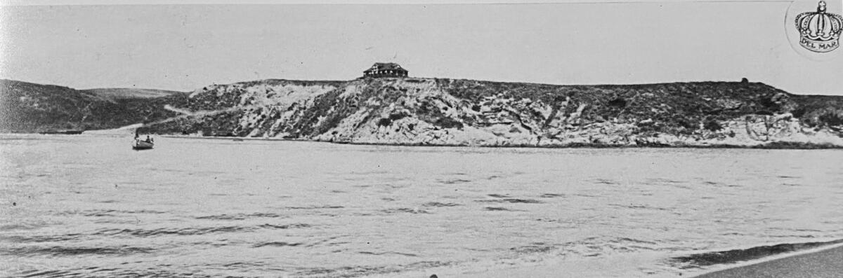 An undated, distant photo of the Hotel del Mar. The first houses in Corona del Mar were built in 1910.