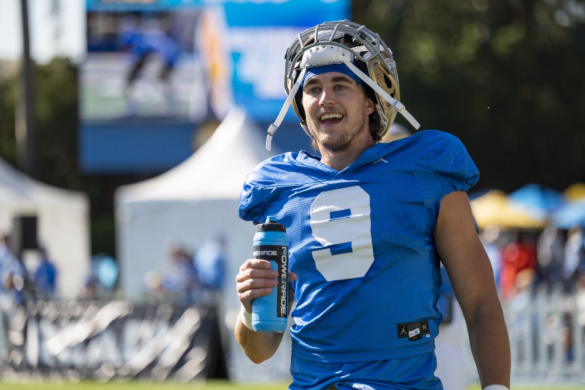 UCLA wide receiver Jake Bobo takes a break during the Bruins' spring showcase April 23, 2022.