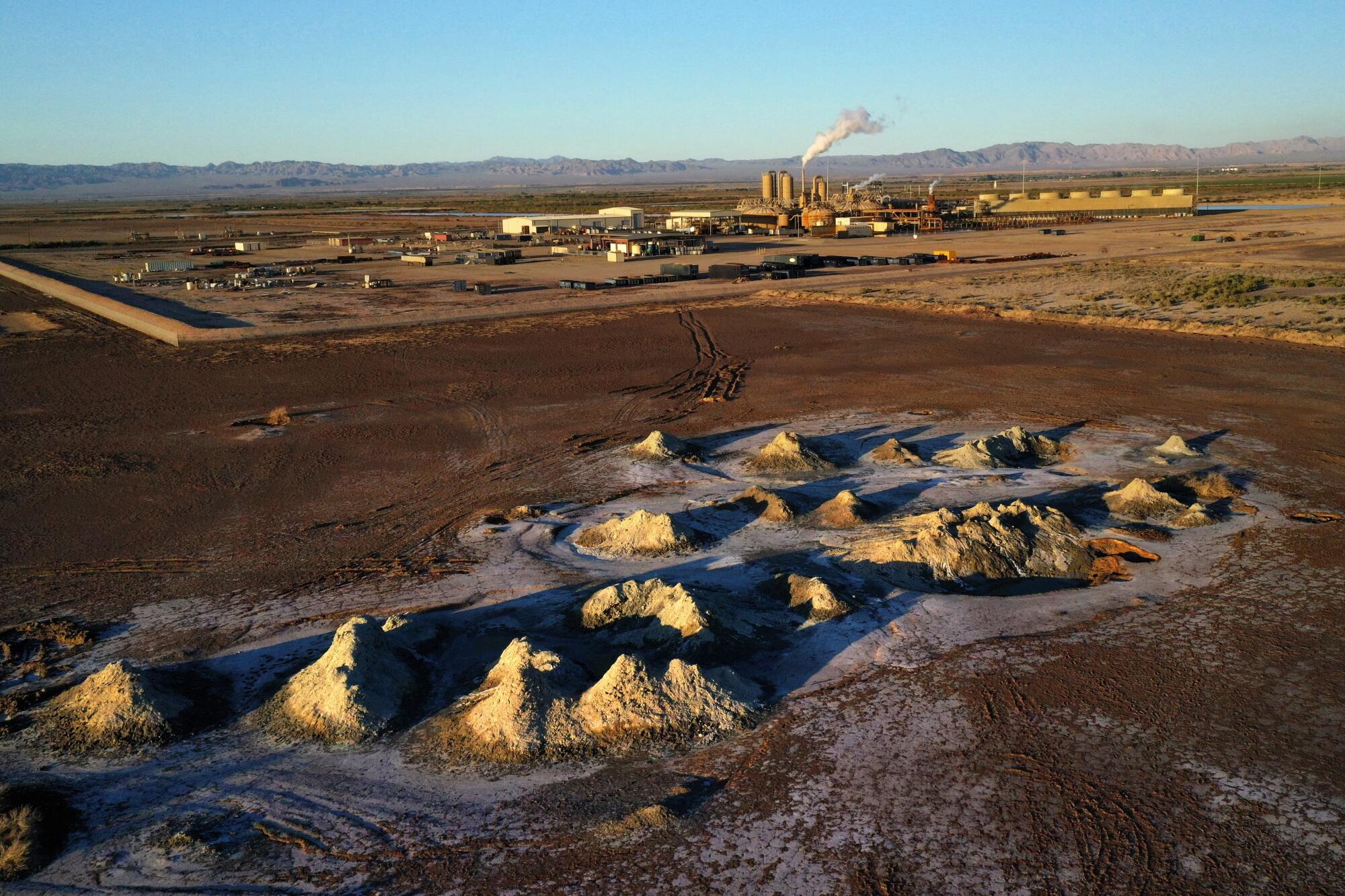 Mounds of dirt near a geothermal plant in the Salton Sea area