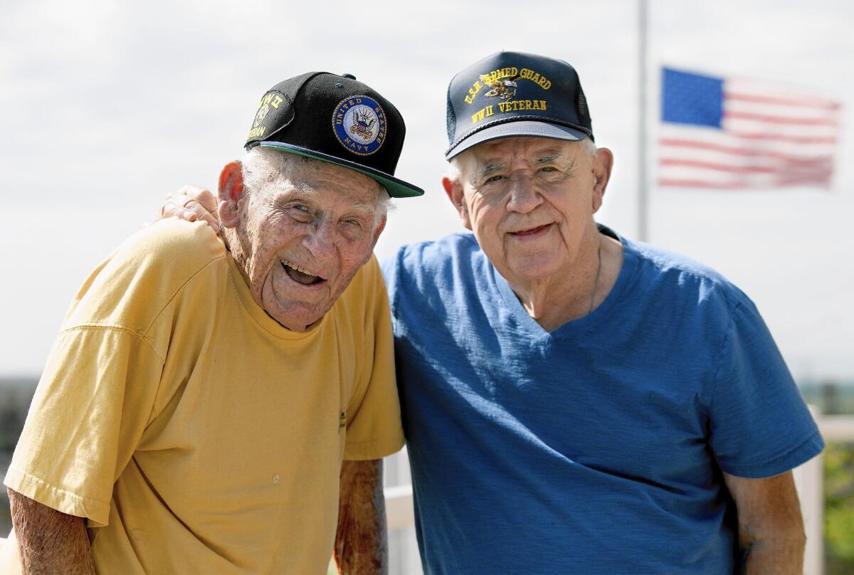Local World War II veterans Gale Bouk, 94, left, and Howard Davis, 90, have been friends since 1967. Gale served in the U.S. Navy (1942-1945) and Davis with the U.S. Navy Armed Guard (1943-1945). The two friends, along with other veterans, are going on a free trip to Washington, D.C., which is provided by the nonprofit Honor Flight Network.