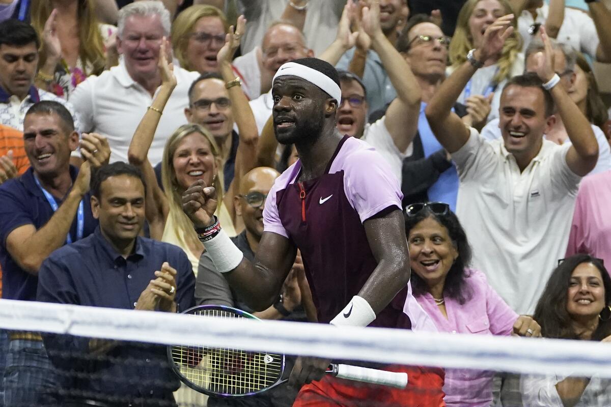 Frances Tiafoe is pumped up after he won the fourth set against Carlos Alcaraz on Sept. 9, 2022.