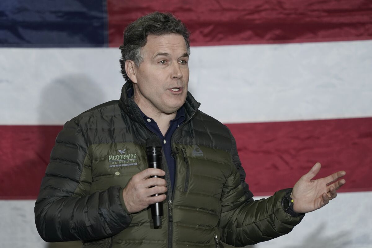 Dave McCormick, a Republican candidate for U.S. Senate in Pennsylvania speaks during a campaign event in Coplay, Pa., Tuesday, Jan. 25, 2022. (AP Photo/Matt Rourke)