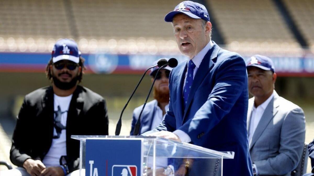 Dodgers President Stan Kasten speaks at a news conference to announce the 2020 All-Star Game will be played at Dodger Stadium on April 11, 2018.