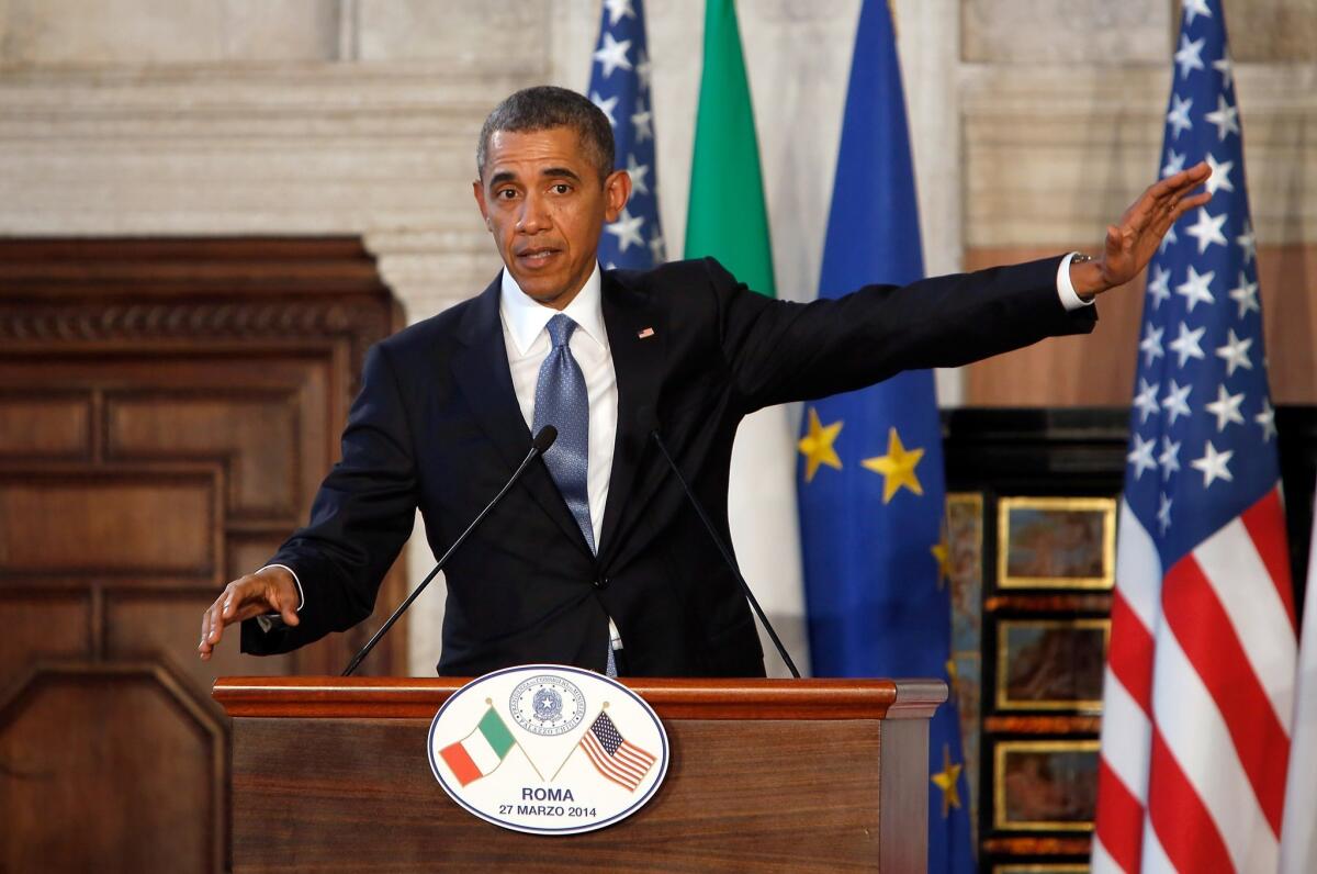 President Obama speaks at a news conference in Rome with Italian Prime Minister Matteo Renzi.