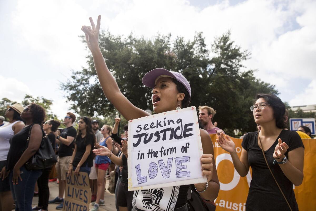 Ursula Walker participates in a rally hosted by Black Lives Matter Austin at the Texas State Capitol in September.