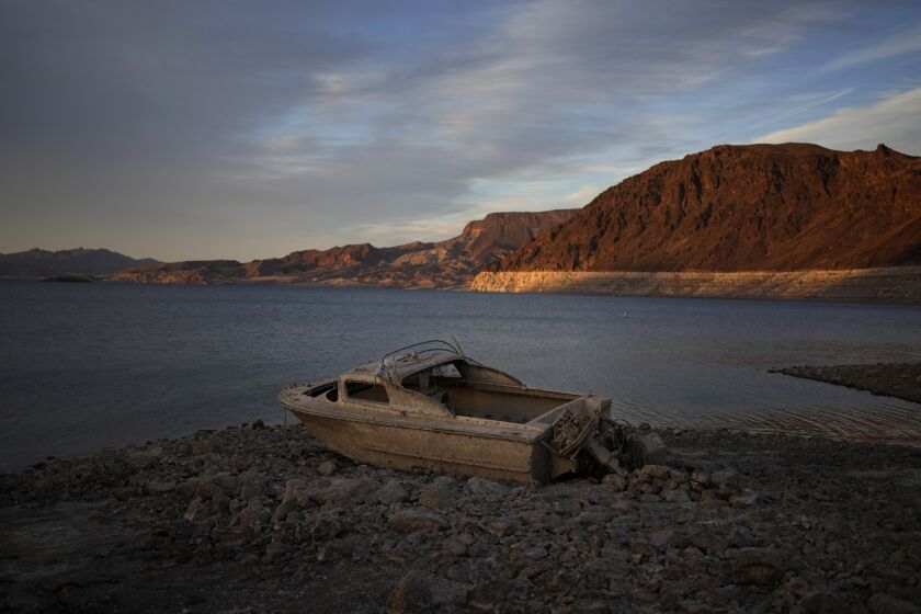 FILE - A formerly sunken boat sits high and dry along the shoreline of Lake Mead at the Lake Mead National Recreation Area, on May 10, 2022, near Boulder City, Nev. Another body has surfaced at Lake Mead, this time in a swimming area where water levels have dropped as the Colorado River reservoir behind Hoover Dam recedes due to drought and climate change. The National Park Service did not say in a statement how long officials think the corpse was submerged in the Boulder Beach area before it was found Monday, July 25, 2022, by people who summoned park rangers. (AP Photo/John Locher, File)