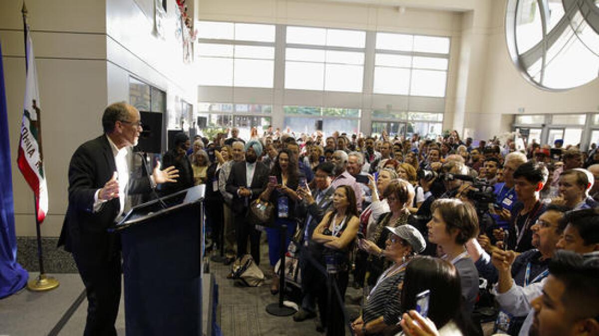 Democratic National Committee Chairman Tom Perez address a crowd at the California party convention in May.