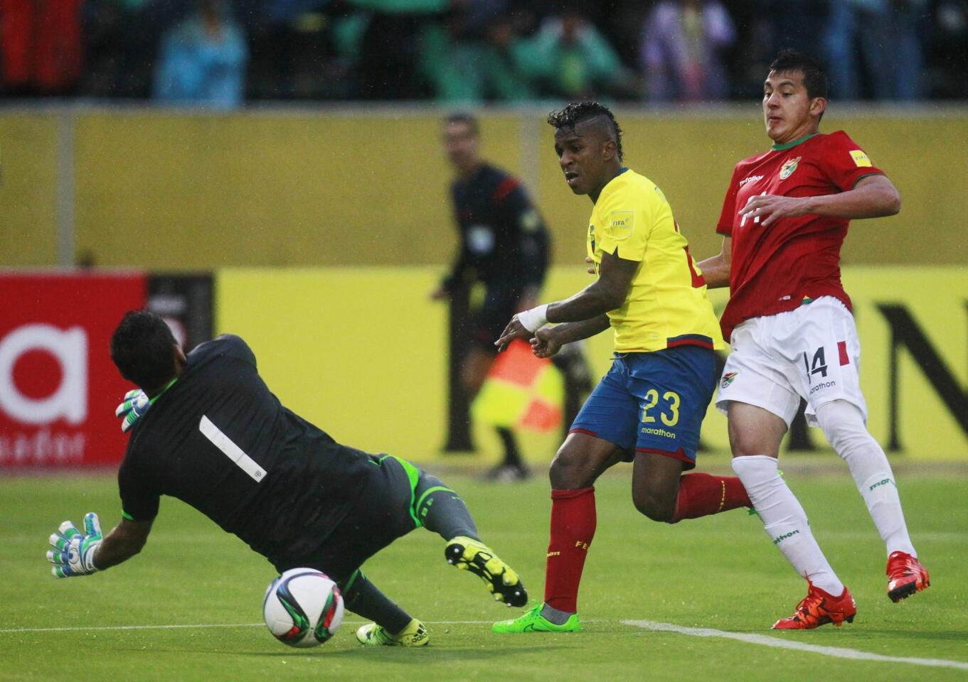 Bolivia's Vaca fails to catch the ball as Ecuador's Bolanos scores next to Bolivia's Flores during their 2018 World Cup qualifying soccer match at the Atahualpa stadium in Quito