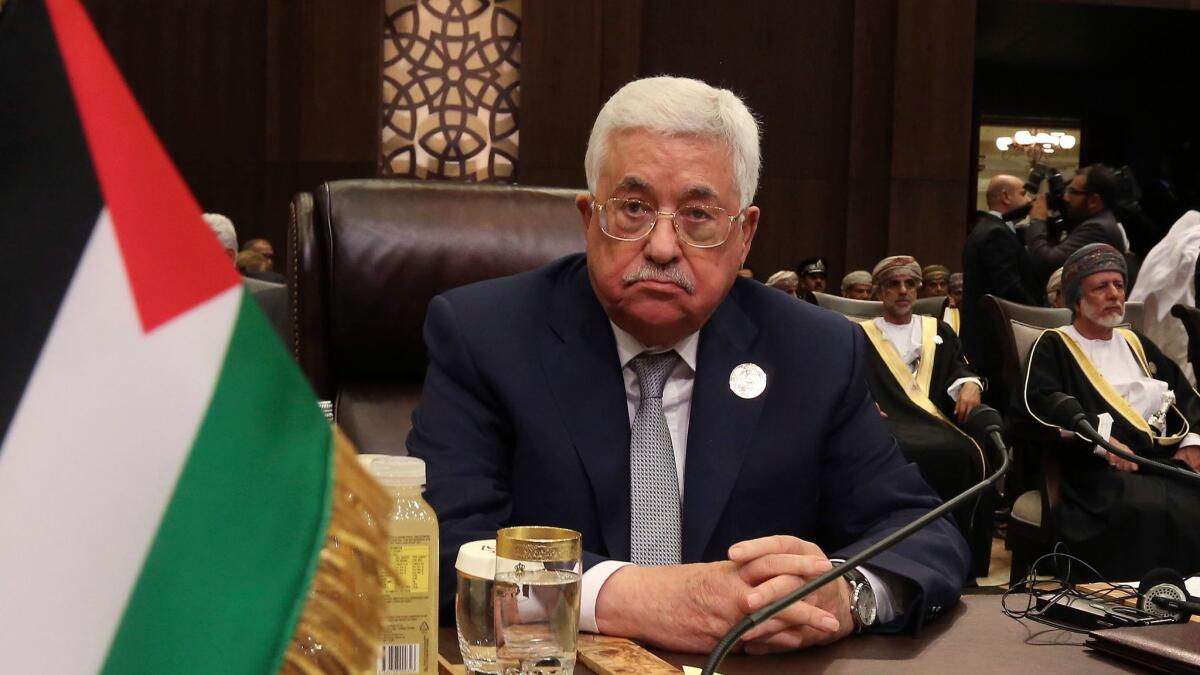 Palestinian President Mahmoud Abbas attends the summit of the Arab League at the Dead Sea, Jordan, Wednesday, March 29.