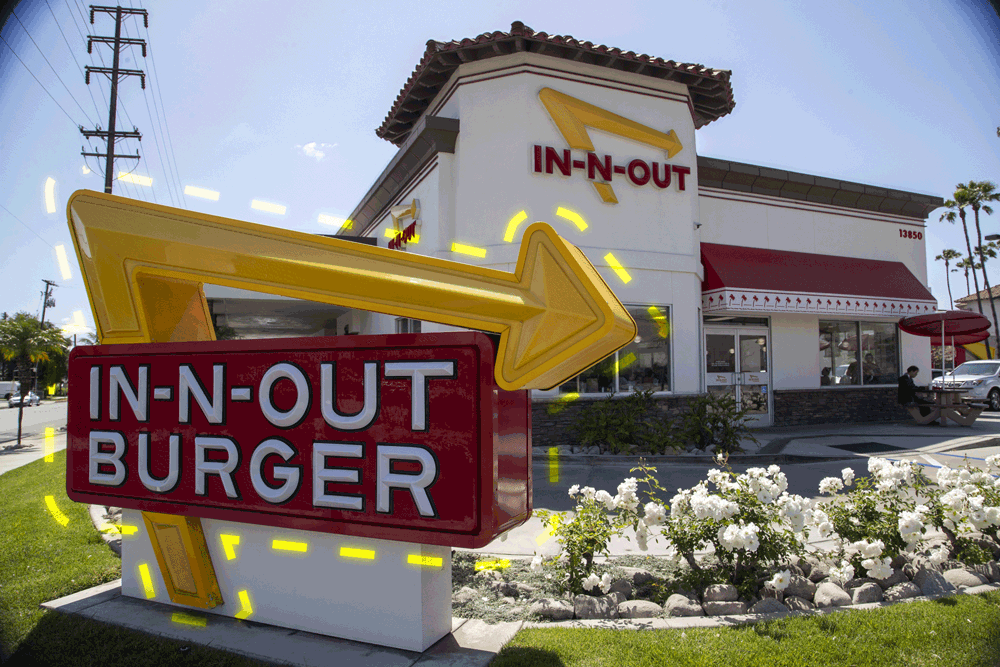 An illustration of a flashing dotted line around an In-N-Out sign.