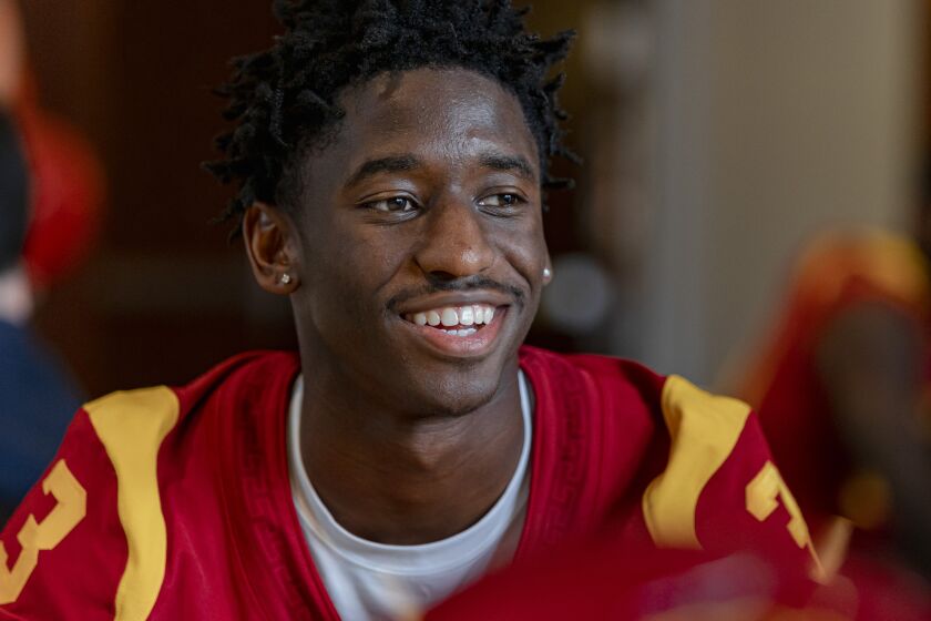 Los Angeles, CA - August 04: USC wide receiver Jordan Addison talks with reporters on media day.