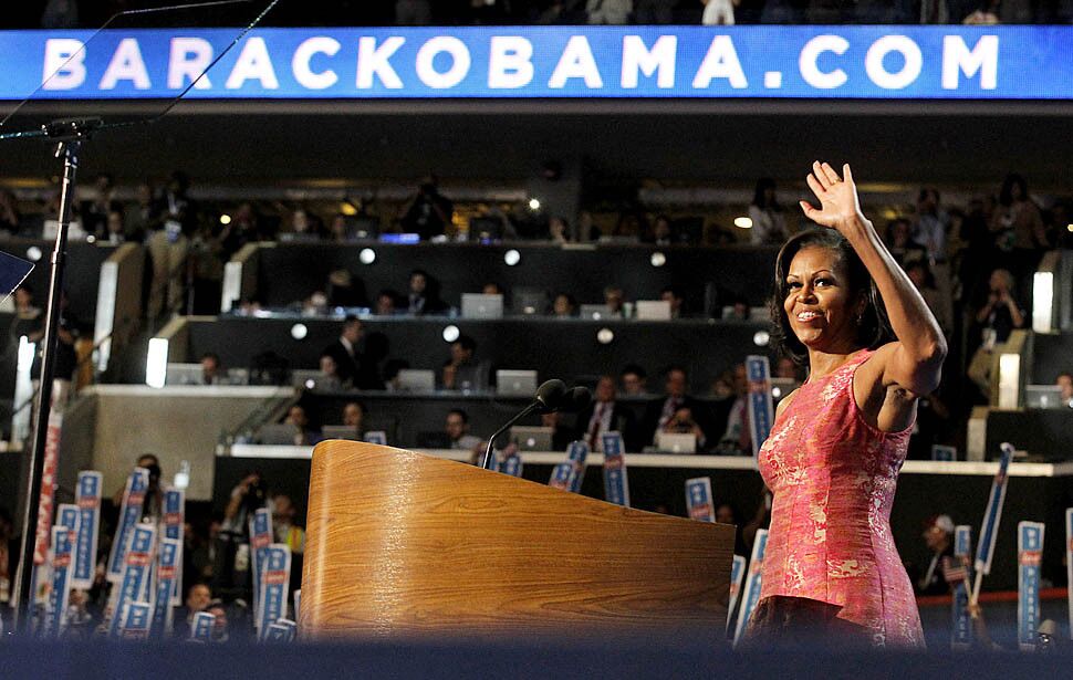 Michelle Obama addresses the delegates during the opening night ceremonies of the Democratic National Convention at the Time Warner Cable Arena in Charlotte, N.C.