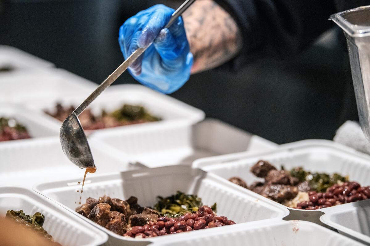 Meals are available on a sliding scale and range from $20 to $0 depending on what an individual can pay. Alta Adams is offering the "family meal," which consists of braised beef, red beans, brown rice and collard greens.