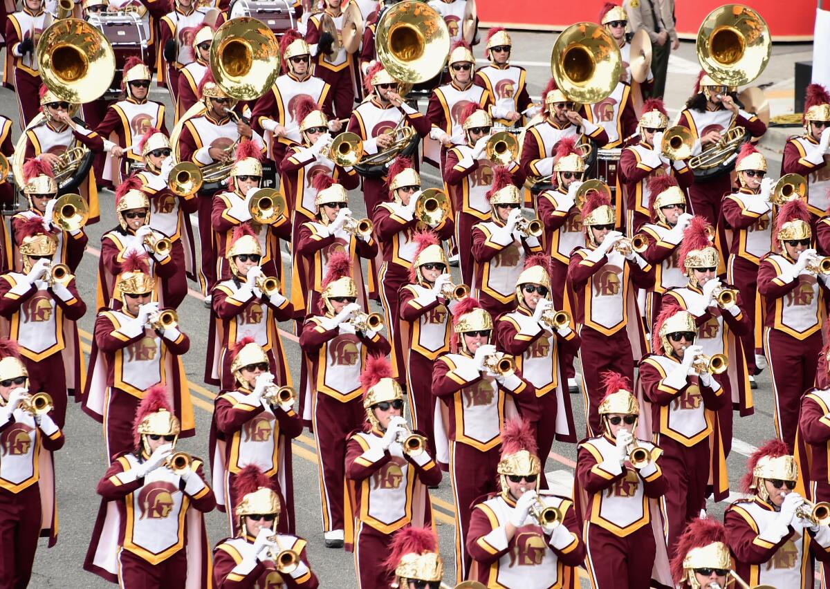 The USC marching band participates in the Rose Parade on Jan. 2, 2017.