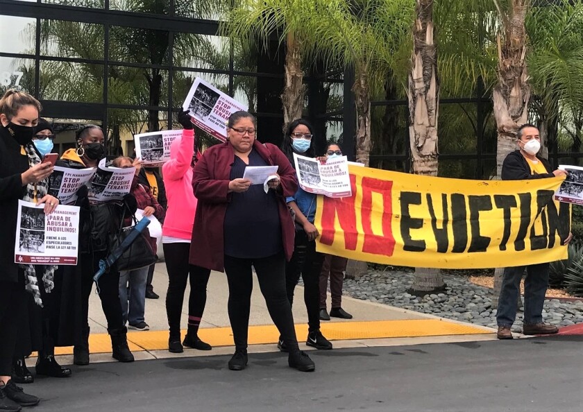 Tenants from a Baldwin Hills apartment complex protest last Thursday outside the Costa Mesa office of FPI management.
