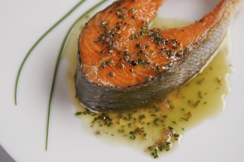 Pan-seared wild salmon steaks with chive vinaigrette. Recipe here.