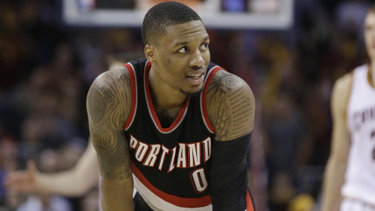 Portland Trail Blazers point guard Damian Lillard waits for play to resume during a game against the Cleveland Cavaliers on Jan. 28.