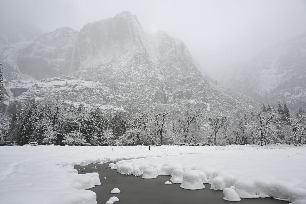 Snow blankets Yosemite National Park in California.