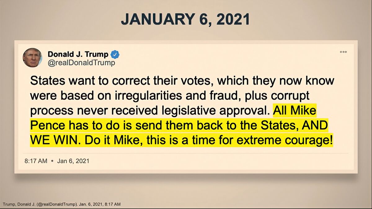An image of a Trump tweet urging Vice President Mike Pence to send 2020 votes "back to the States."