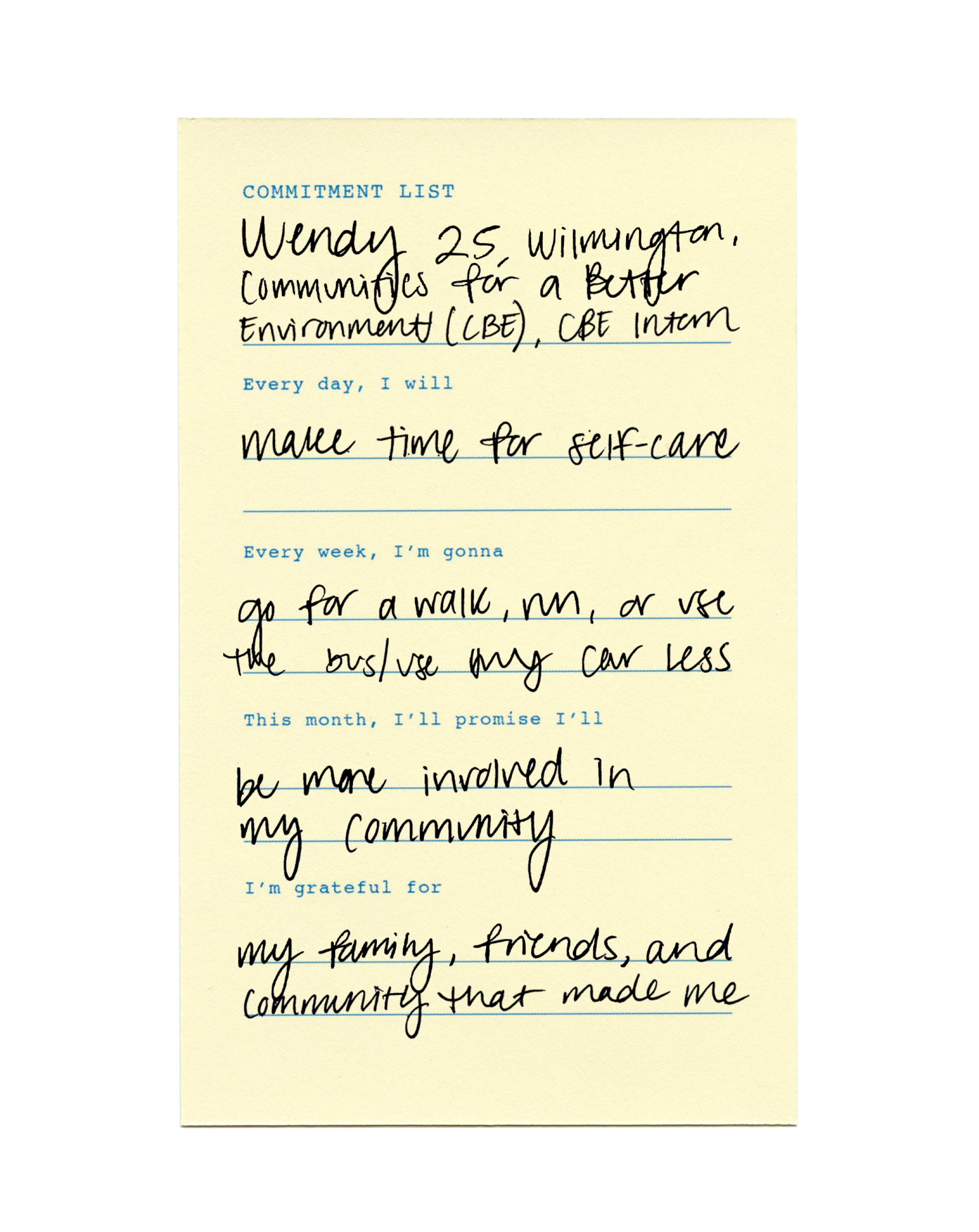Wendy Miranda's commitment list in her own handwriting says she will make more time for self-care.