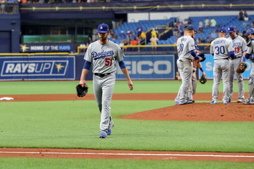 ST. PETERSBURG, FL - MAY 22: Dylan Floro #51 of the Los Angeles Dodgers walks off after being removed in the seventh inning against the Tampa Bay Rays at Tropicana Field on May 22, 2019 in St. Petersburg, Florida. (Photo by Mike Carlson/Getty Images) ** OUTS - ELSENT, FPG, CM - OUTS * NM, PH, VA if sourced by CT, LA or MoD **