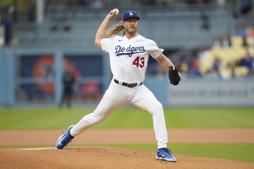 Los Angeles Dodgers starting pitcher Noah Syndergaard (43) throws during the first inning of a baseball game against the Washington Nationals in Los Angeles, Wednesday, May 31, 2023. (AP Photo/Ashley Landis)