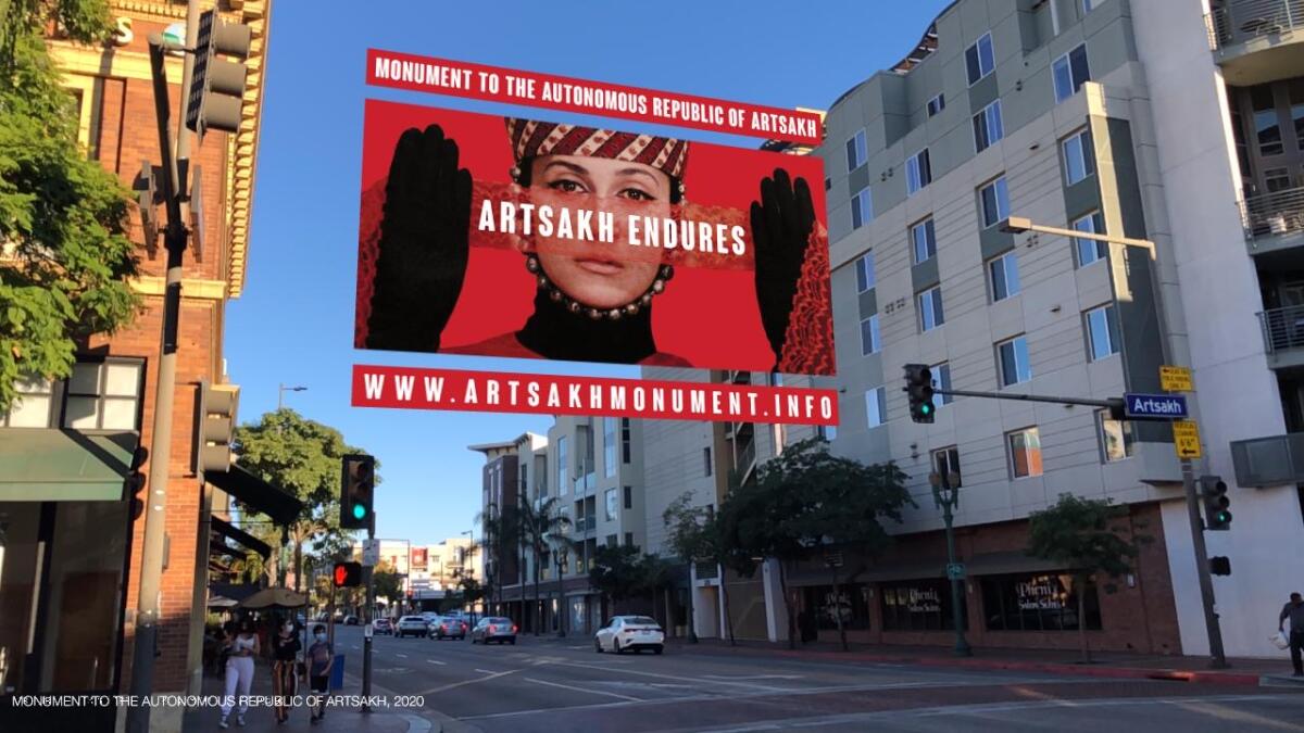A graphic of a woman's face veiled in red lace and the phrase "ARTSAKH ENDURES" appear to hover in a Glendale intersection.