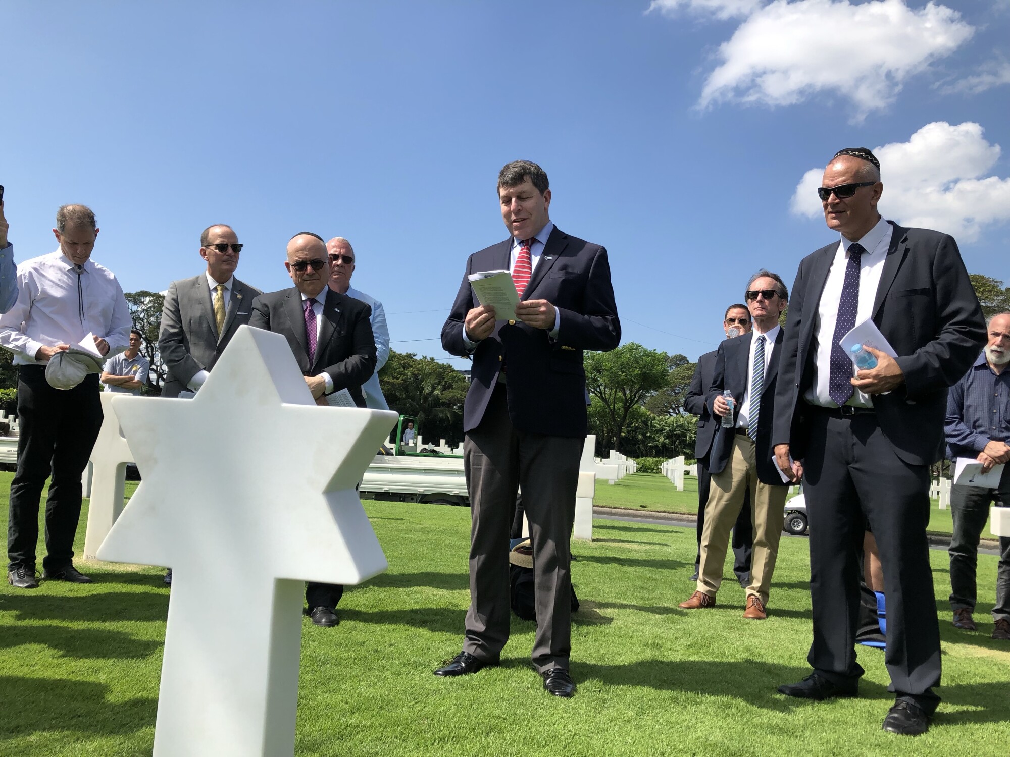 Rabbi John Franken of Baltimore delivers a eulogy for his uncle, Pvt. Allan C. Franken, killed in action in the Philippines in 1945.
