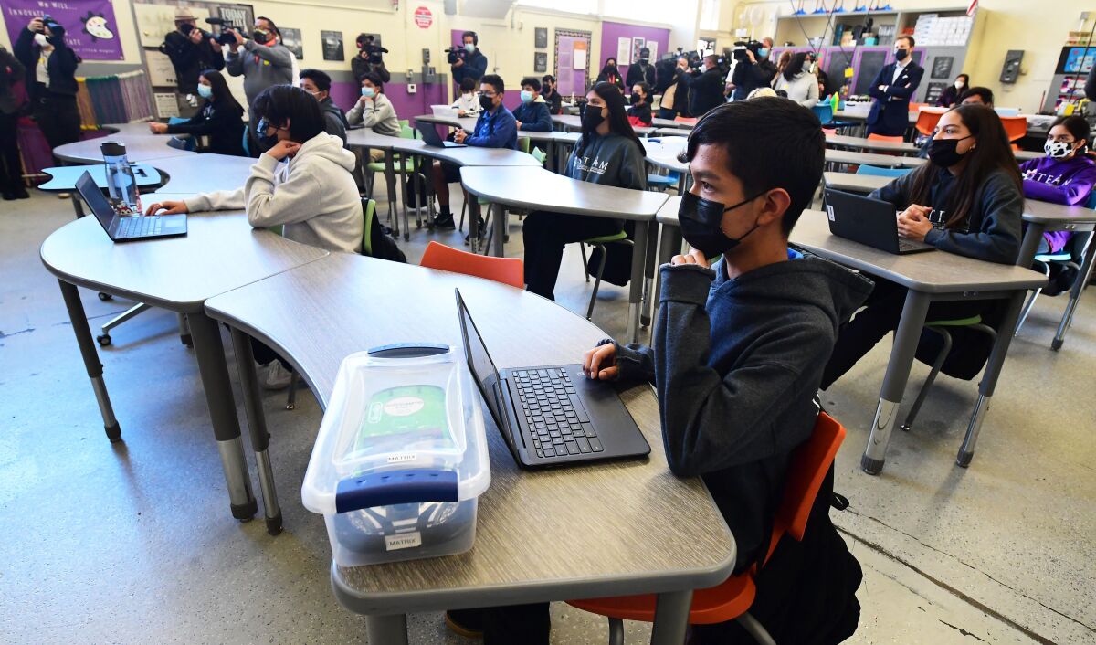 Middle school students wearing masks in a Los Angeles class in January.