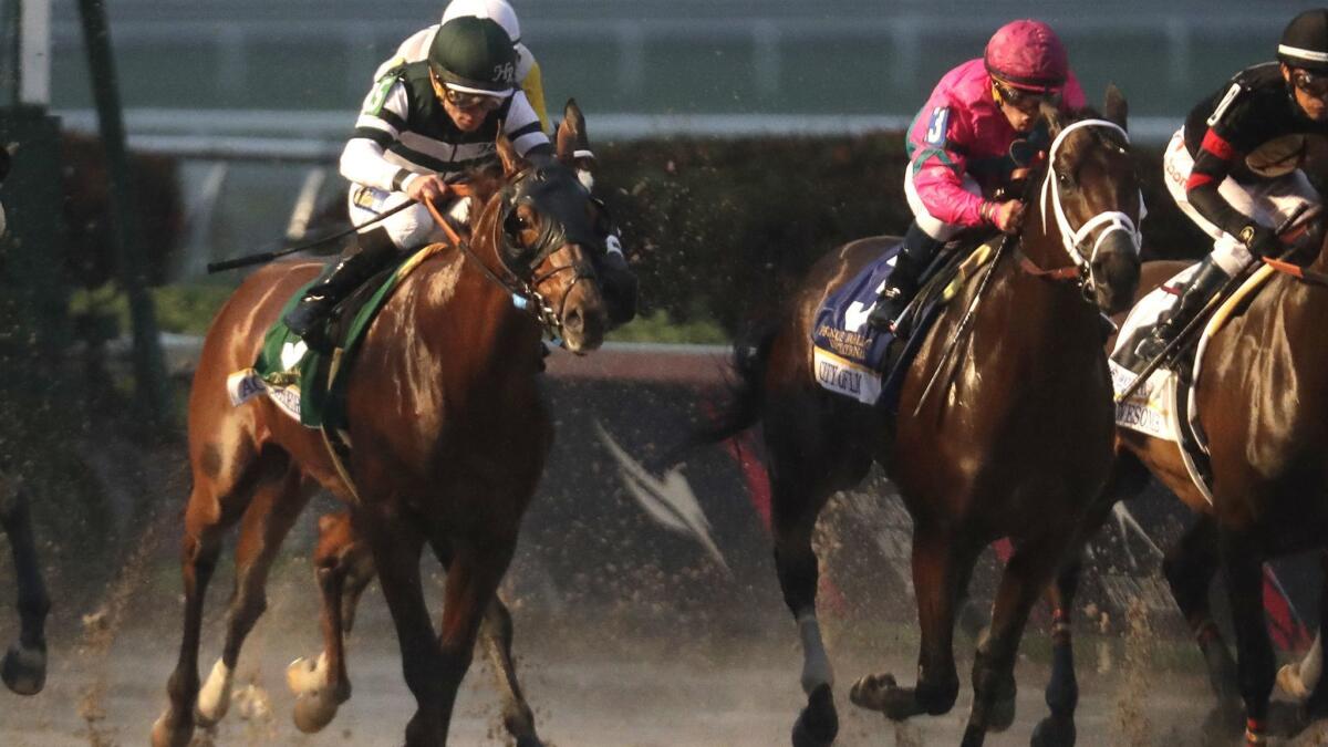 Joel Rosario, front left, comes out of the starting gate aboard Accelerate during the Pegasus World Cup on Saturday.