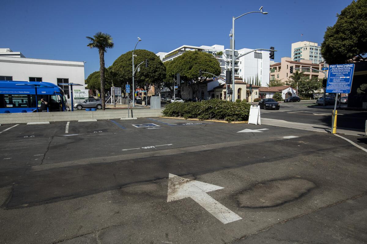 A parking lot in Santa Monica at 4th Street and Arizona Avenue where the Plaza project would be developed. 