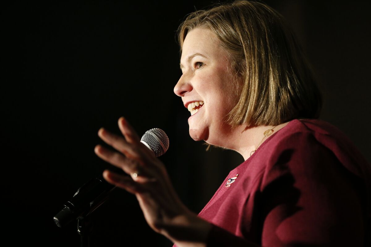 Democratic Ohio gubernatorial candidate Nan Whaley speaks during the election night watch party at Montgomery County Democratic Party headquarters in downtown Dayton, Ohio, on Tuesday, May 3, 2022. (Sam Greene/The Cincinnati Enquirer via AP)