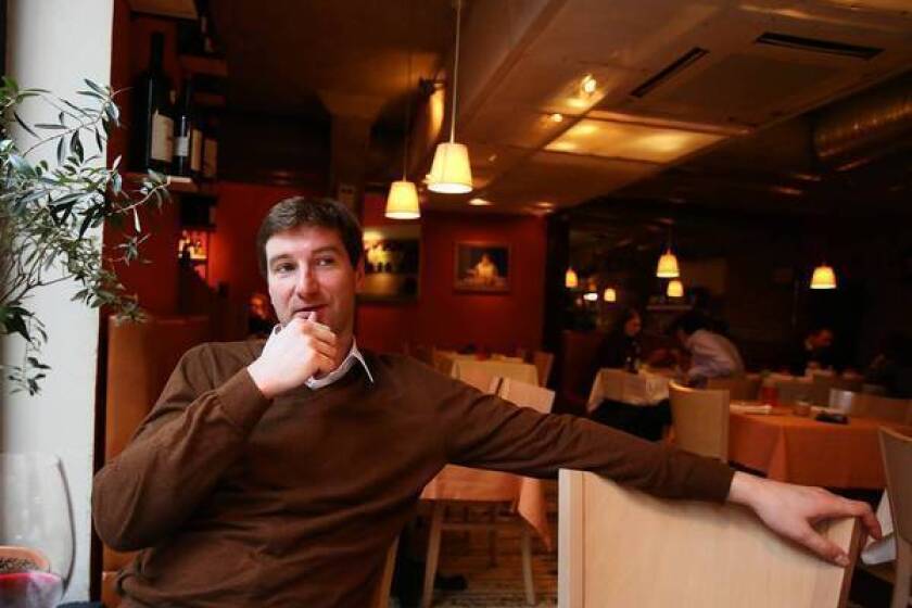 Russian Anton Krasovsky, who was fired from his TV show after revealing that he is gay, is interviewed in a Moscow restaurant.