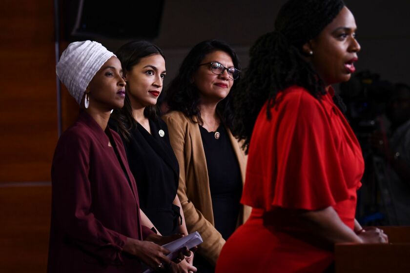 US Representatives Ayanna Pressley (D-MA) speaks as, Ilhan Abdullahi Omar (D-MN)(L), Rashida Tlaib (D-MI) (2R), and Alexandria Ocasio-Cortez (D-NY) hold a press conference, to address remarks made by US President Donald Trump earlier in the day, at the US Capitol in Washington, DC on July 15, 2019. - President Donald Trump stepped up his attacks on four progressive Democratic congresswomen, saying if they're not happy in the United States "they can leave." (Photo by Brendan Smialowski / AFP)BRENDAN SMIALOWSKI/AFP/Getty Images ** OUTS - ELSENT, FPG, CM - OUTS * NM, PH, VA if sourced by CT, LA or MoD **