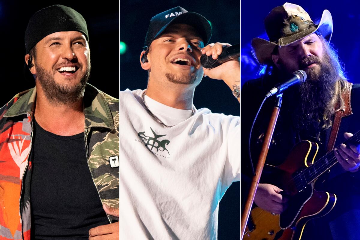 A photo triptych with country stars Luke Bryan, from left, Kane Brown and Chris Stapleton.